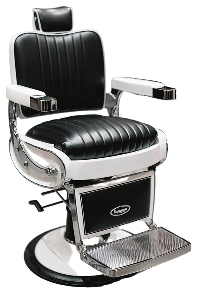 Silla de barbero profesional en cuero negro con base cromada.